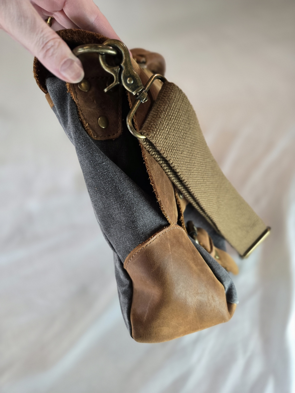 Leather-Trim Canvas Messenger Bag for Men - Brown & Gray - Picture 6 of 16